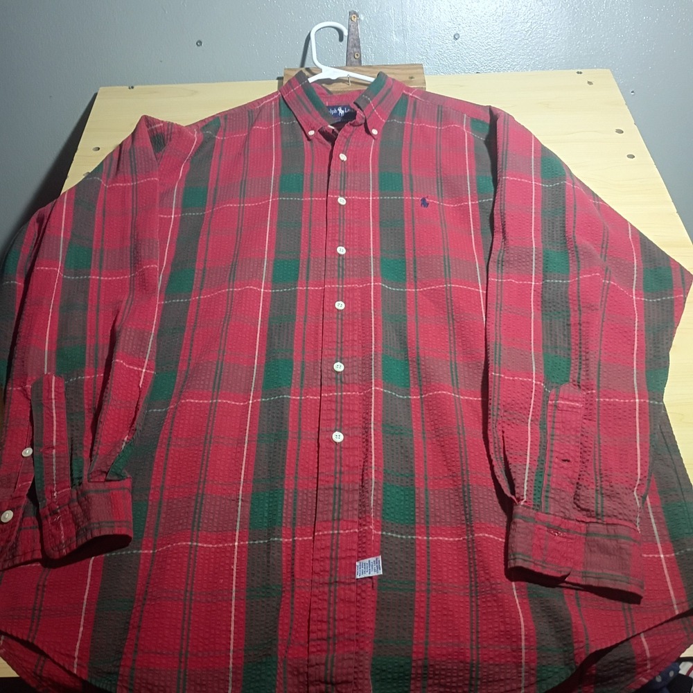 Ralph Lauren Plaid Button Down Shirt Men Large Red Green Seersucker Long Sleeve